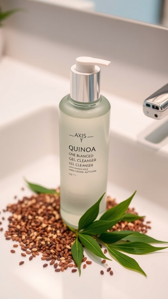 Axis-Y Quinoa One Step Balanced Gel Cleanser 180ml bottle on a bathroom countertop with quinoa grains and green tea leaves.